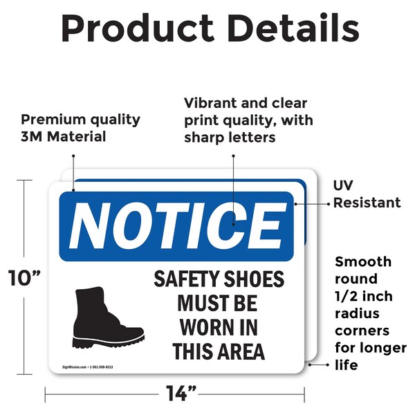 Safety Shoes Must Be Worn In This Area OSHA Notice Sign, Vinyl Decal, 14in W X 10in L, 2PK